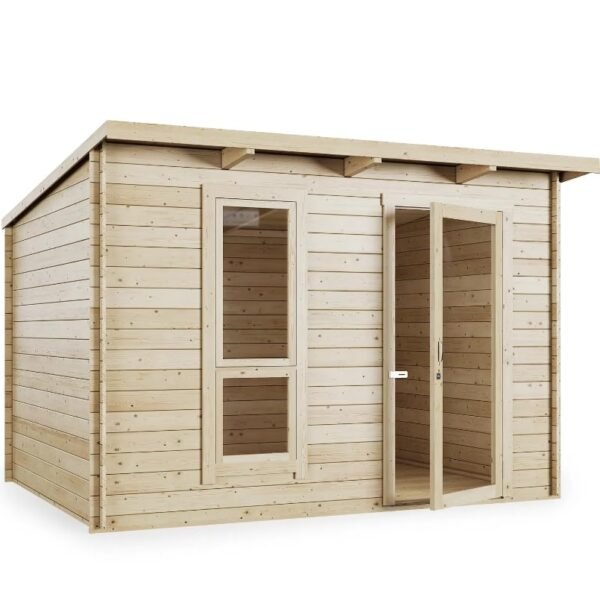 BillyOh Mia 3x2.5 Log Cabin Summer House Shed with Untreated Wood, Modern Pent Roof Garden Shed, Single Door & Shatterproof Windows – Outdoor Room