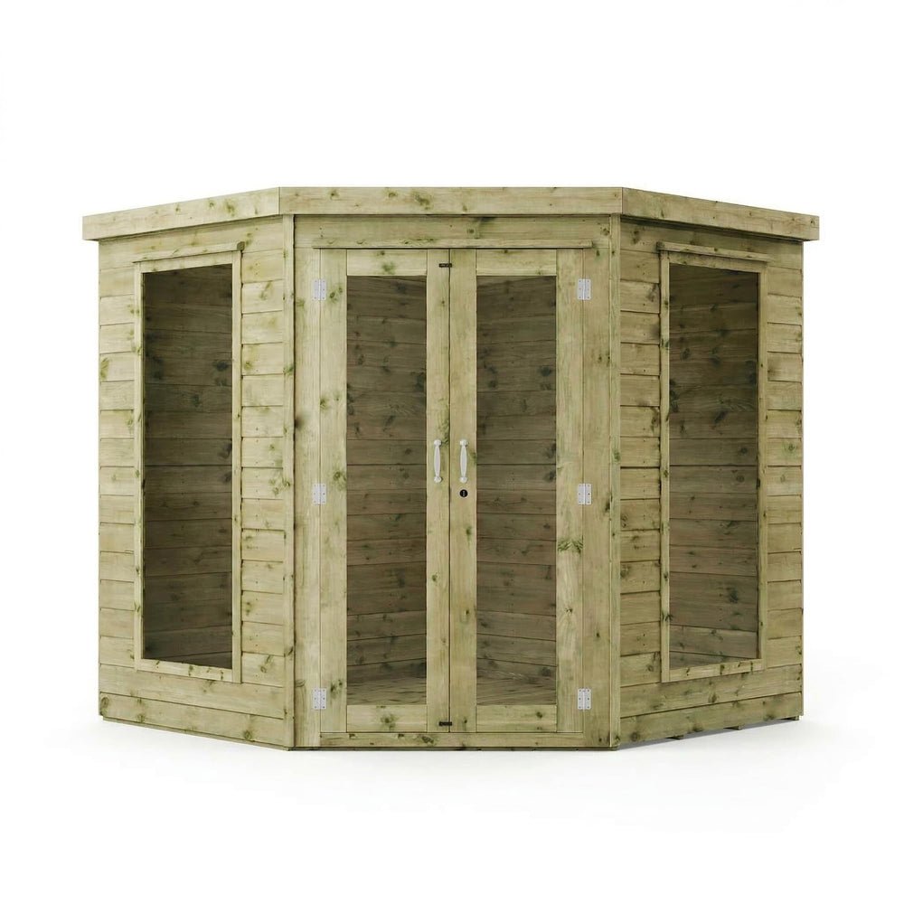 WALTONS Wooden Corner Summerhouse with Shiplap Tongue & Groove, Flat Roof, and Double Doors