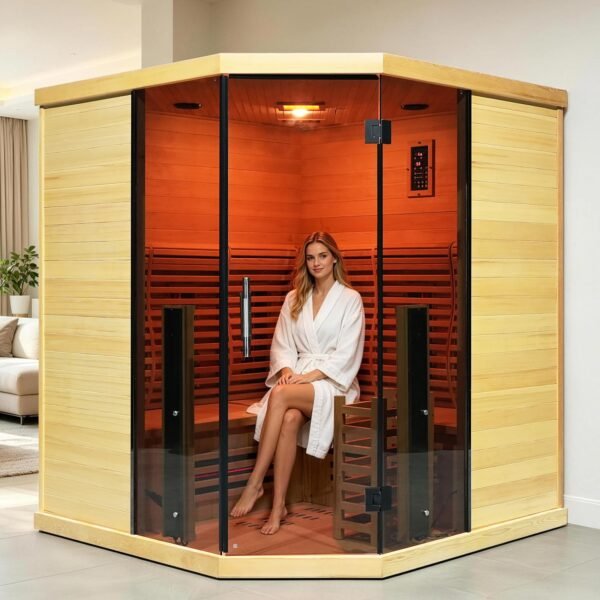 3-Person Corner Hybrid Indoor Infrared Steam Sauna in Canadian Hemlock