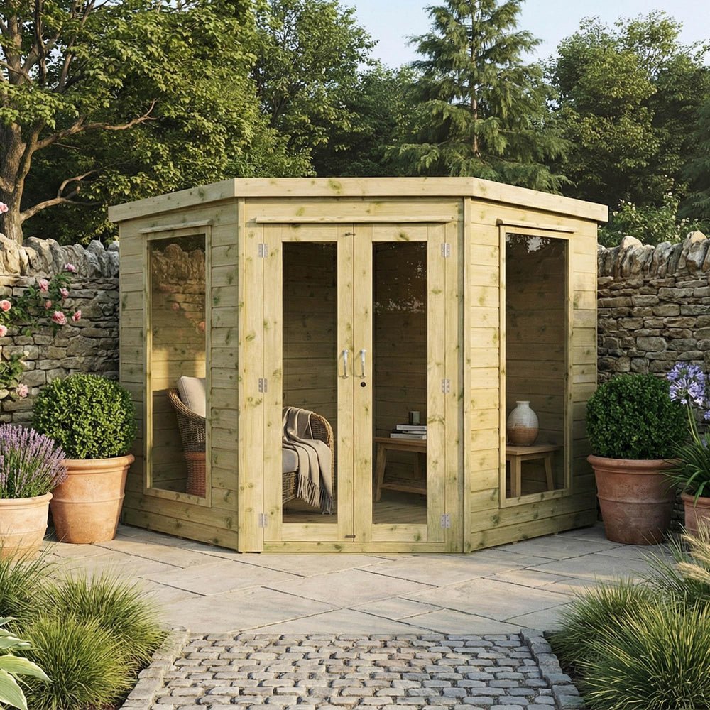 WALTONS Wooden Corner Summerhouse with Shiplap Tongue & Groove, Flat Roof, and Double Doors - image 2