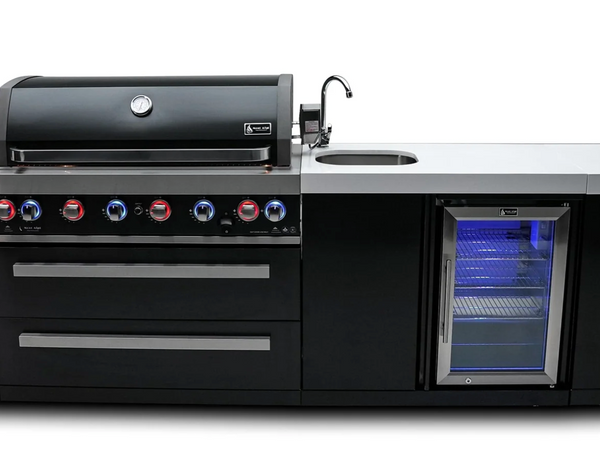 Mont Alpi 805 Black Stainless Steel Island with Beverage Center 6-Burner Grill 2 Infrared Burners Sink Fridge