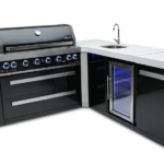 Mont Alpi 805 Black Stainless Steel Island with Beverage Center and 90 Degree Corner 6-Burner Grill 2 Infrared Burners Sink, Fridge