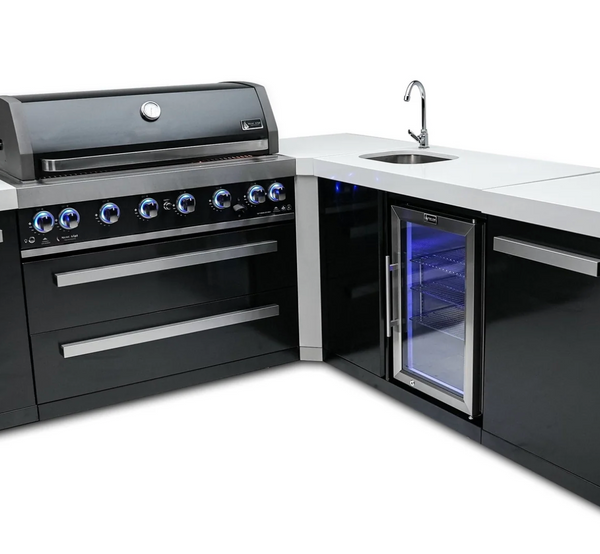 Mont Alpi 805 Black Stainless Steel Island with Beverage Center and 90 Degree Corner 6-Burner Grill 2 Infrared Burners Sink, Fridge